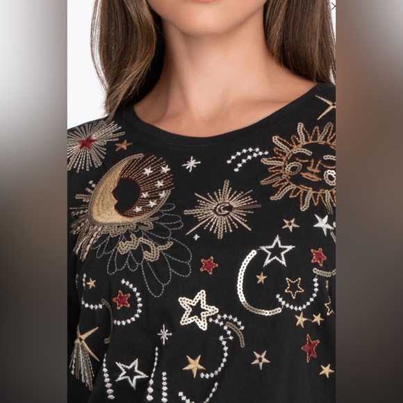 Johnny Was CALLISTO SEQUIN BISHOP SLEEVE TEE HTF XL Moon, Stars Embroidered - Picture 3 of 9